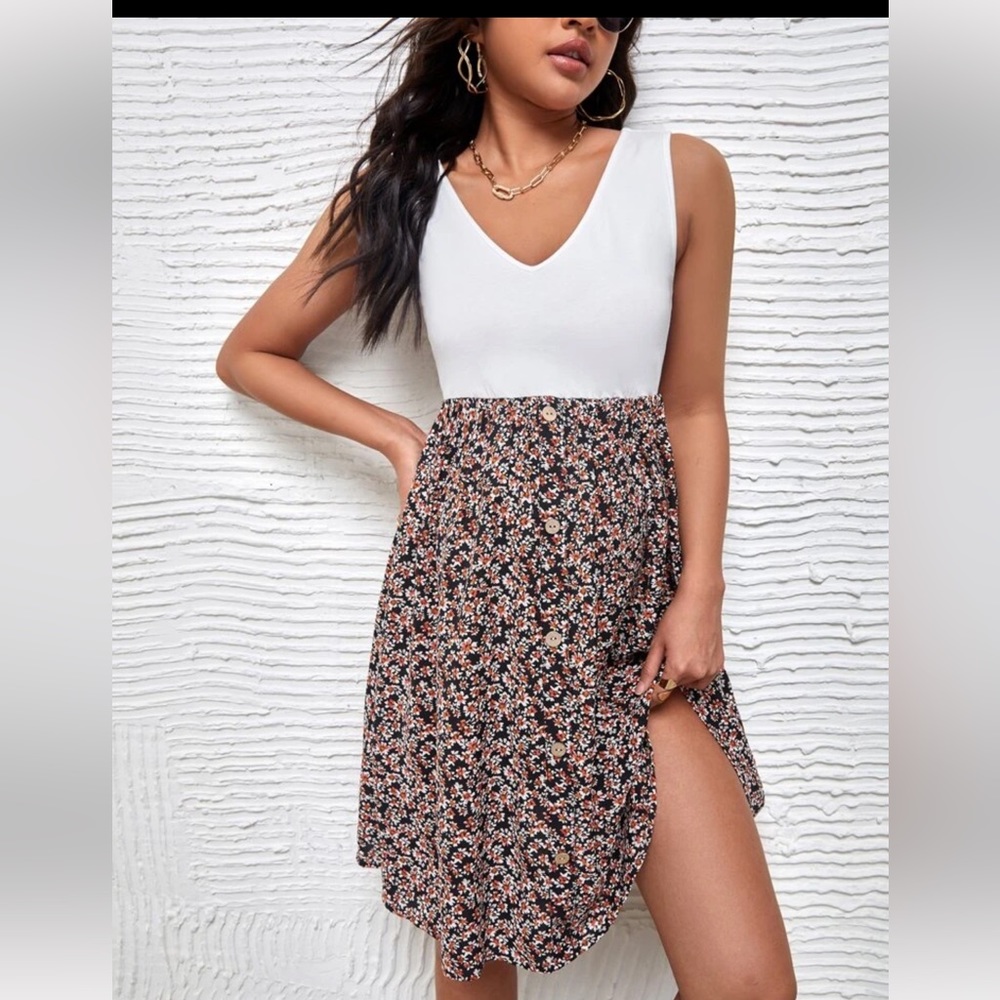 SHEIN Maternity Ditsy Floral Print Button Detail Dress